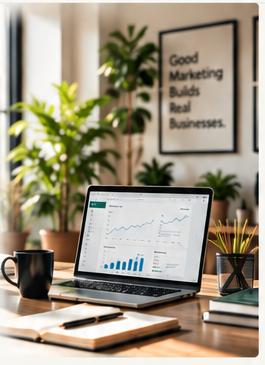NetForceLabs workspace with laptop showing marketing analytics